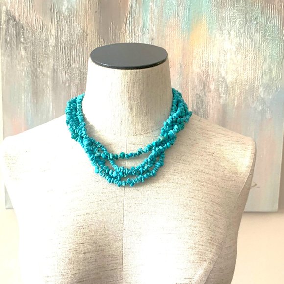 Vintage Turquoise Gemstone Chips Cluster Multi Strand Statement Collar Necklace - Picture 2 of 5